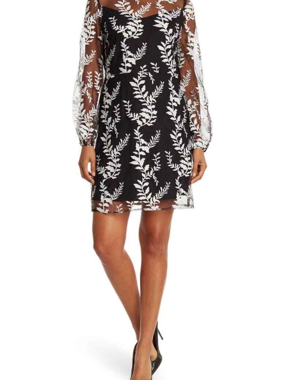 Lucy Paris Black Sheer Long-Sleeve Dress with White Leaf Appliqué